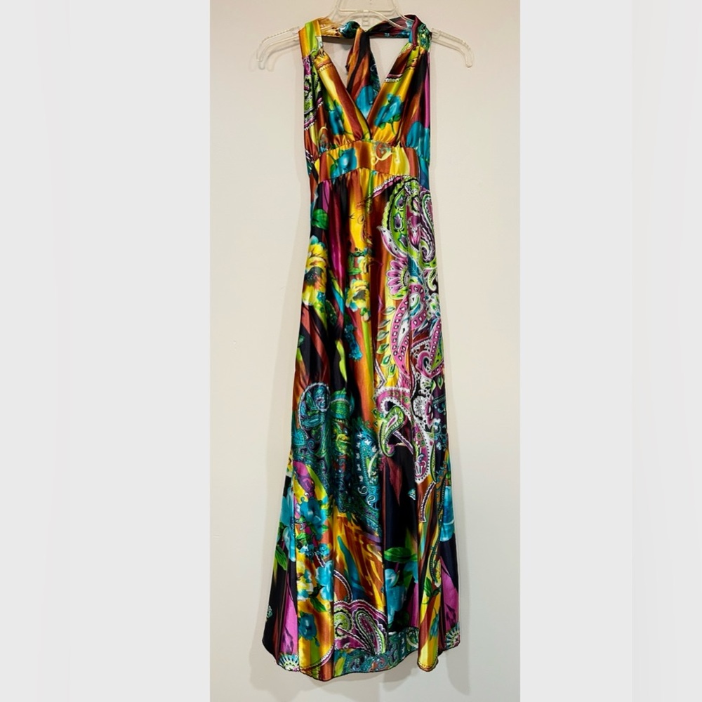 Multicolor Paisley Satin Maxi Dress S/M Hanker chief resort wear Y2K